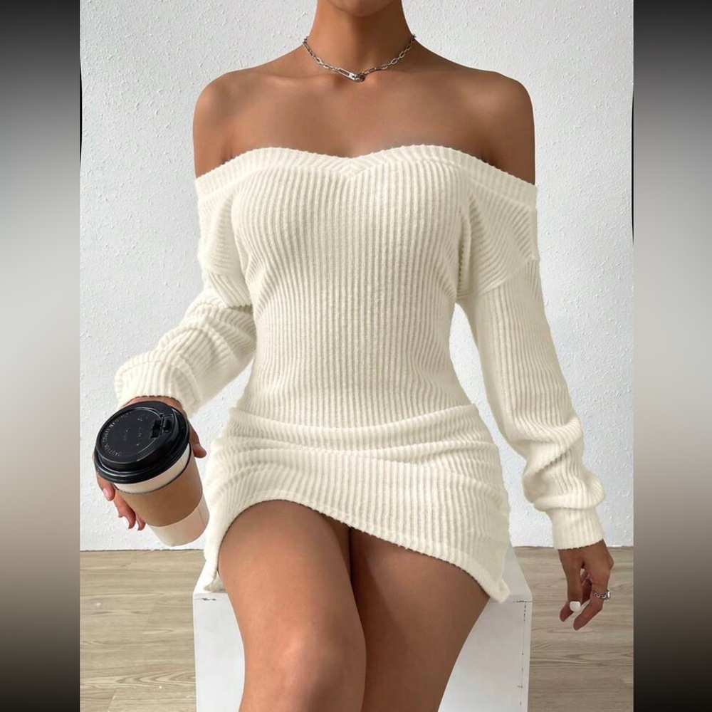 Elegant Off-Shoulder White Sweater Dress